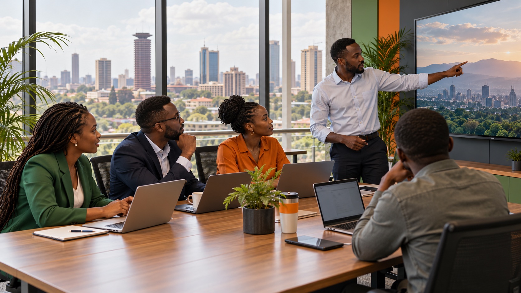 Illustrative East African business team discussing application workflows