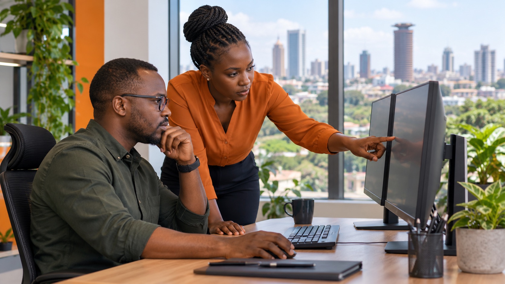 Illustrative ICT security colleagues reviewing a workstation
