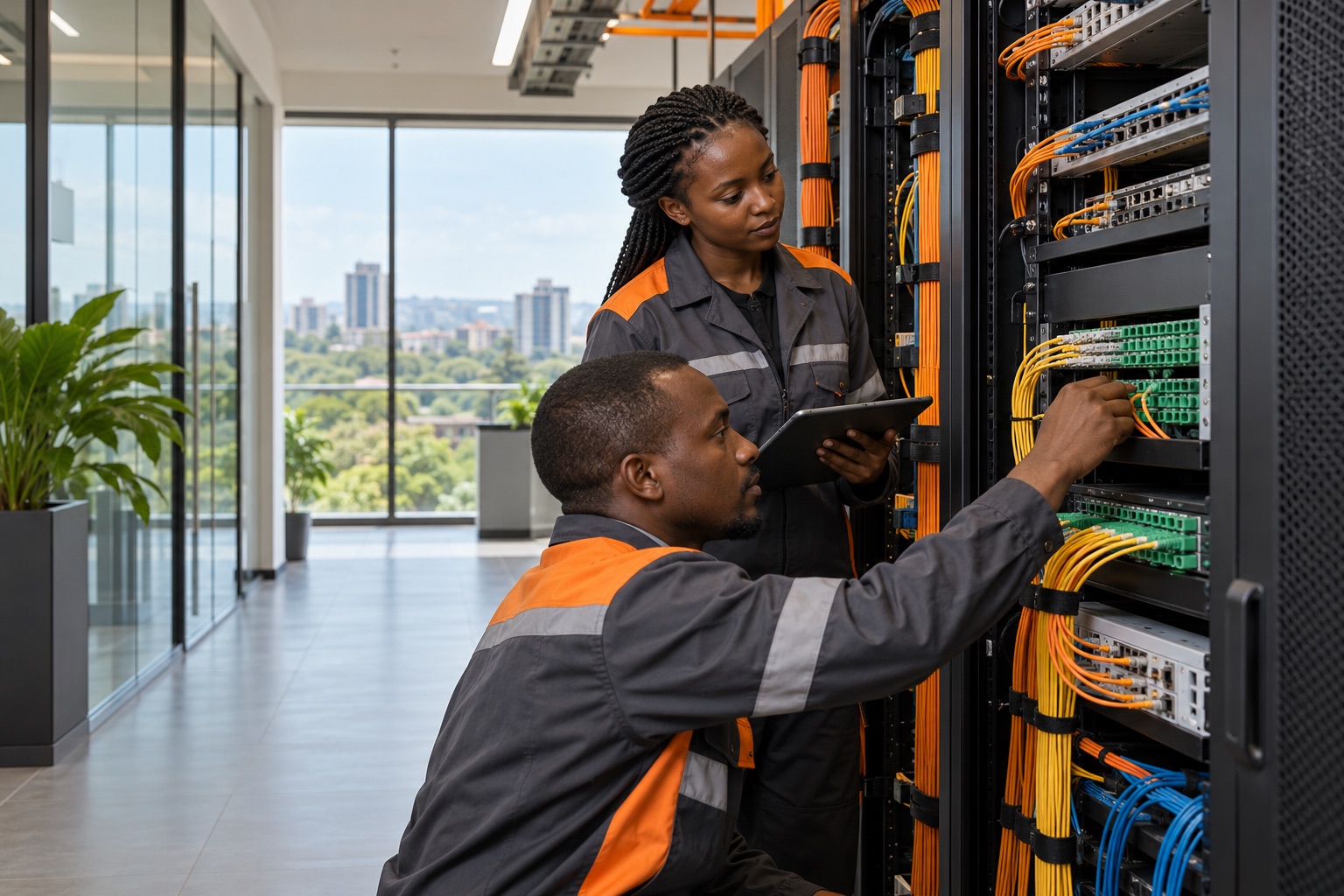 Illustrative ICT engineers reviewing a network cabling rack